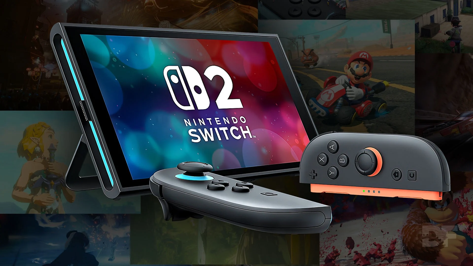Sleek promotional render of a next-generation Nintendo Switch 2 console with a vibrant gradient display, flanked by redesigned Joy-Con controllers in matte black with neon accents, set against a collage of iconic game worlds including Mario Kart and The Legend of Zelda, emphasizing hybrid play and immersive gaming evolution