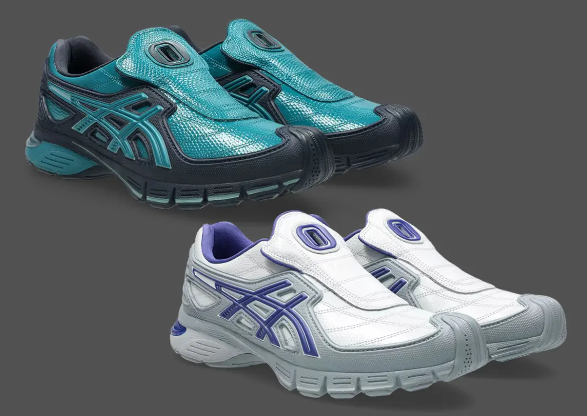 Composite image showing both colorways of the OTTO 958 x ASICS Gel-SD Arzachotto, including a glossy teal and black version and a white, grey, and blue iteration, each featuring a laceless slip-on design, elongated tongue flaps with cut-out “O” details, quilted uppers, and sculptural segmented midsoles with integrated ASICS Tiger Stripes