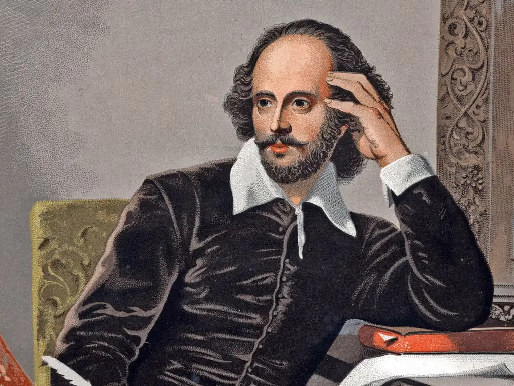 Portrait of William Shakespeare with receding hairline, mustache, and Elizabethan collar against a dark background