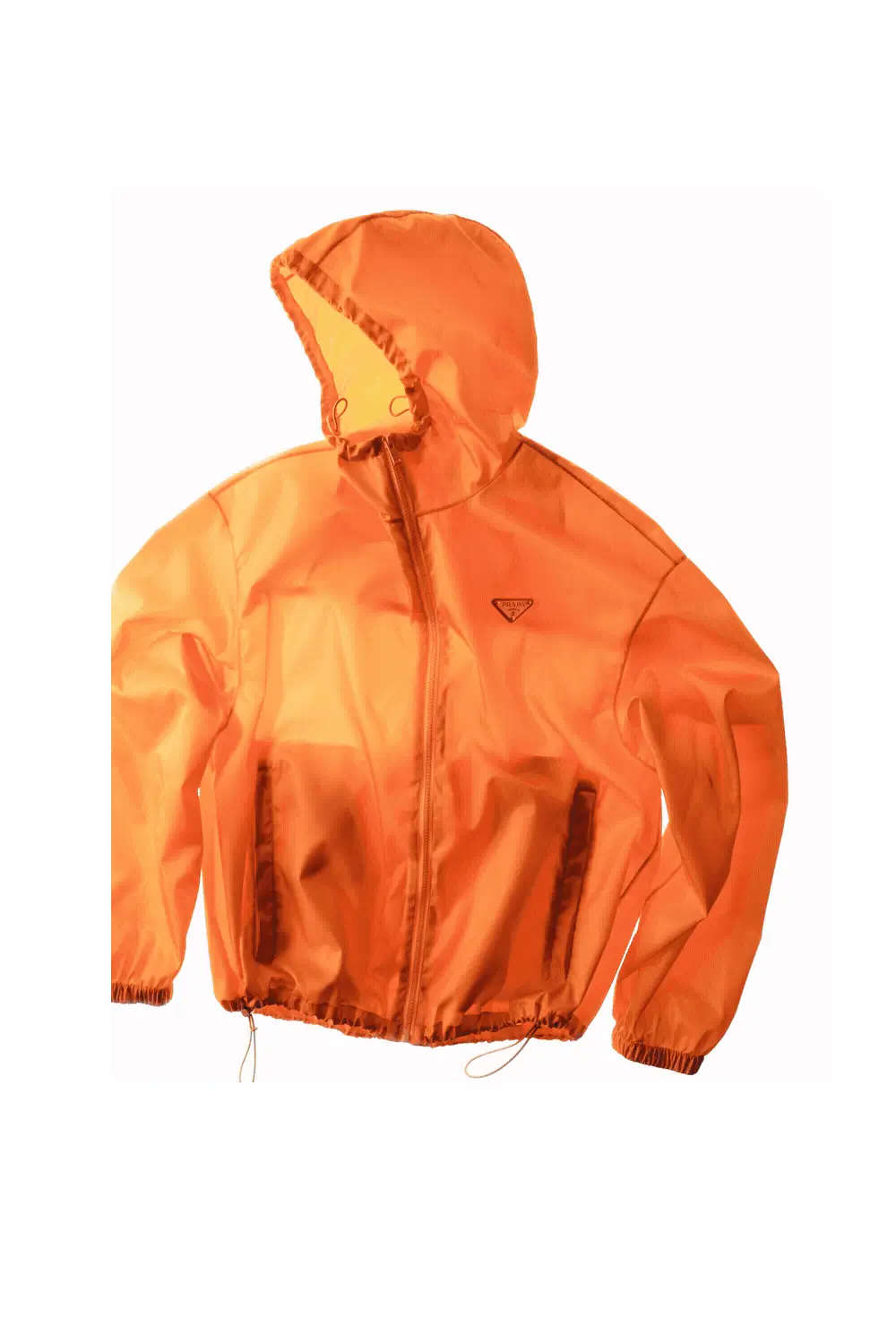 Bright electric-orange hooded windbreaker from the Prada Re-Nylon SEA BEYOND capsule, featuring a lightweight recycled nylon shell, front zipper closure, elastic cuffs and hem with drawstring adjustments, two vertical zip pockets, and the iconic triangular Prada logo plaque on the chest