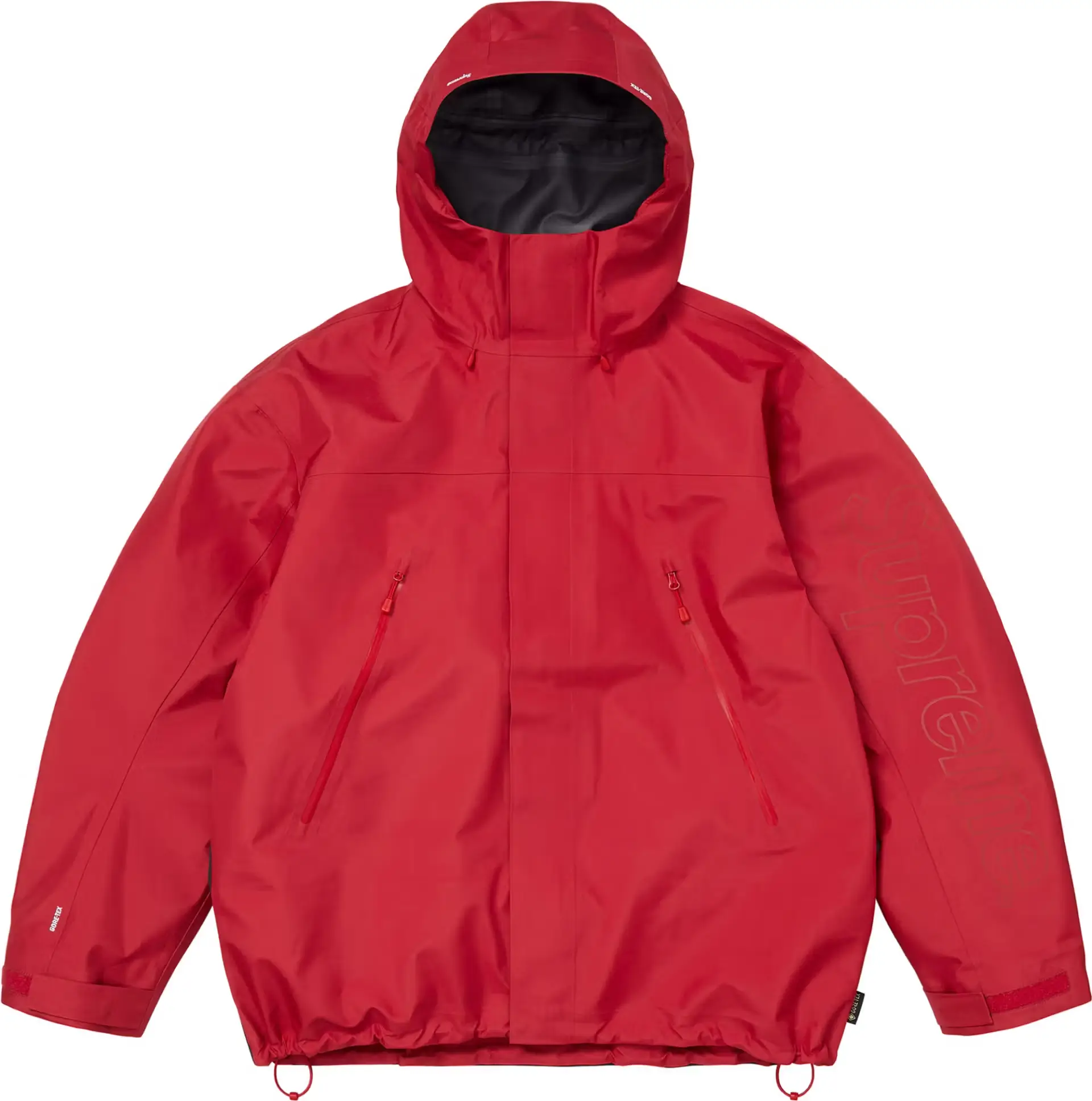Red Supreme GORE-TEX hooded jacket with a clean, minimalist exterior, featuring a zip-front closure, adjustable hood, and dual chest zip pockets, finished with subtle tonal Supreme branding and a performance-driven waterproof construction