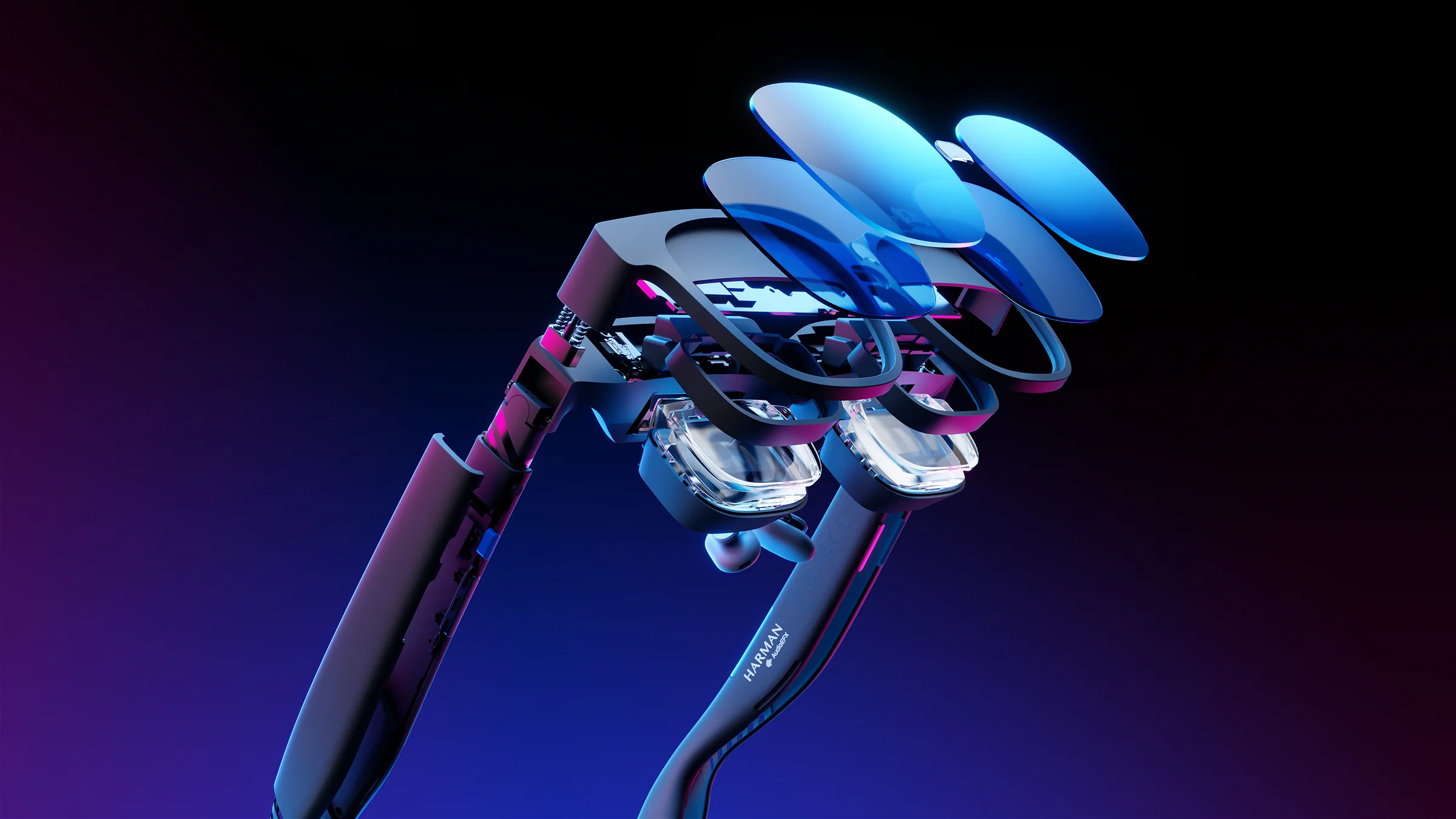 Exploded view of VITURE XR glasses revealing layered optical components and internal display modules, set against a dark gradient background with blue and magenta lighting accent