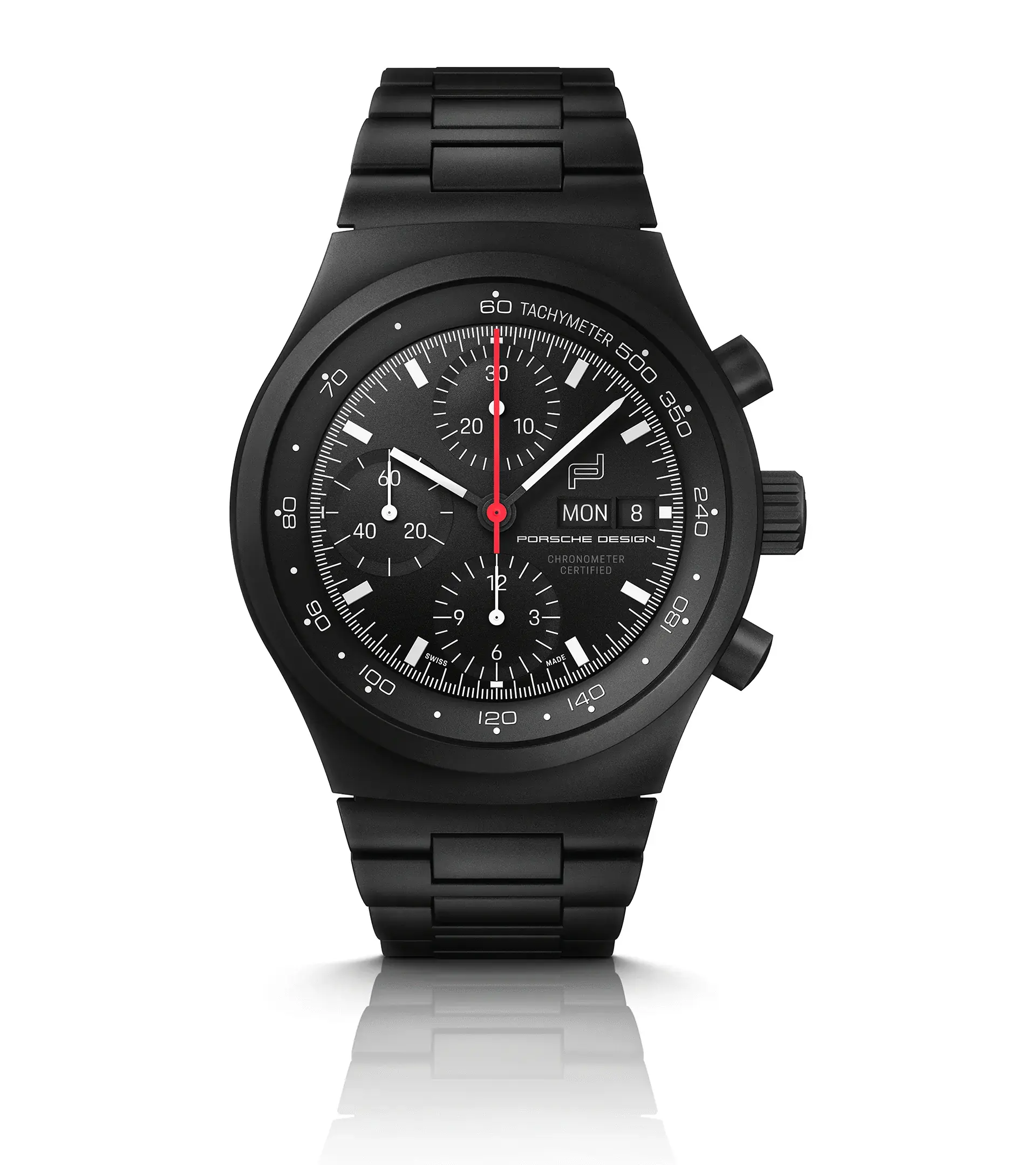 Front-facing studio image of Porsche Design Chronograph 1 All Black Numbered Edition (2026) showing matte black titanium case, integrated bracelet, high-contrast dial with white indices, and red chronograph seconds hand on a clean light background