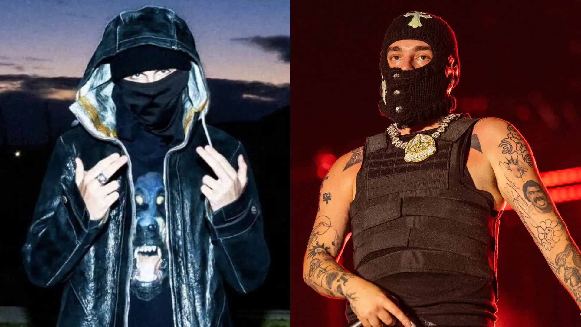 Portrait of rappers EsDeeKid and Yeat wearing face coverings and streetwear, representing the artists behind the song Made It On Our Own.