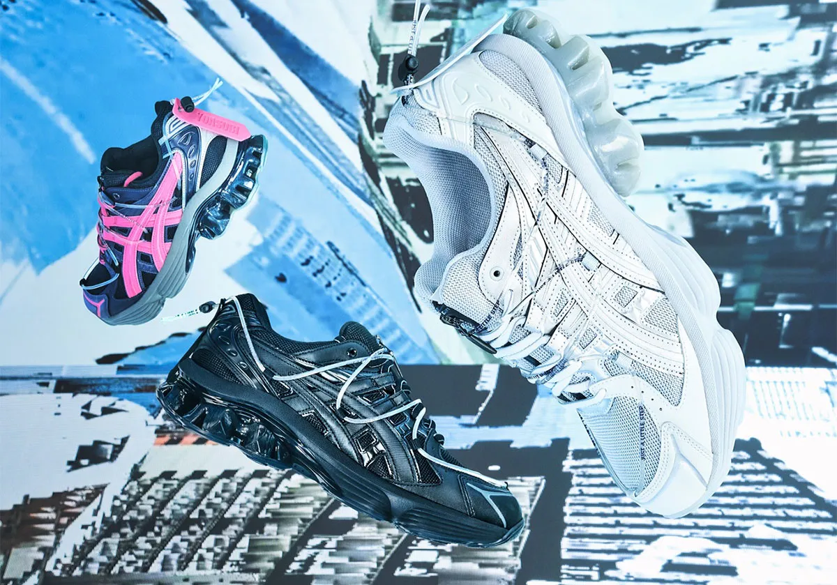 YOASOBI x ASICS “Just A Little Step” GEL-Kinetic Fluent sneakers in black, white, and pink colorways floating in a futuristic campaign visual