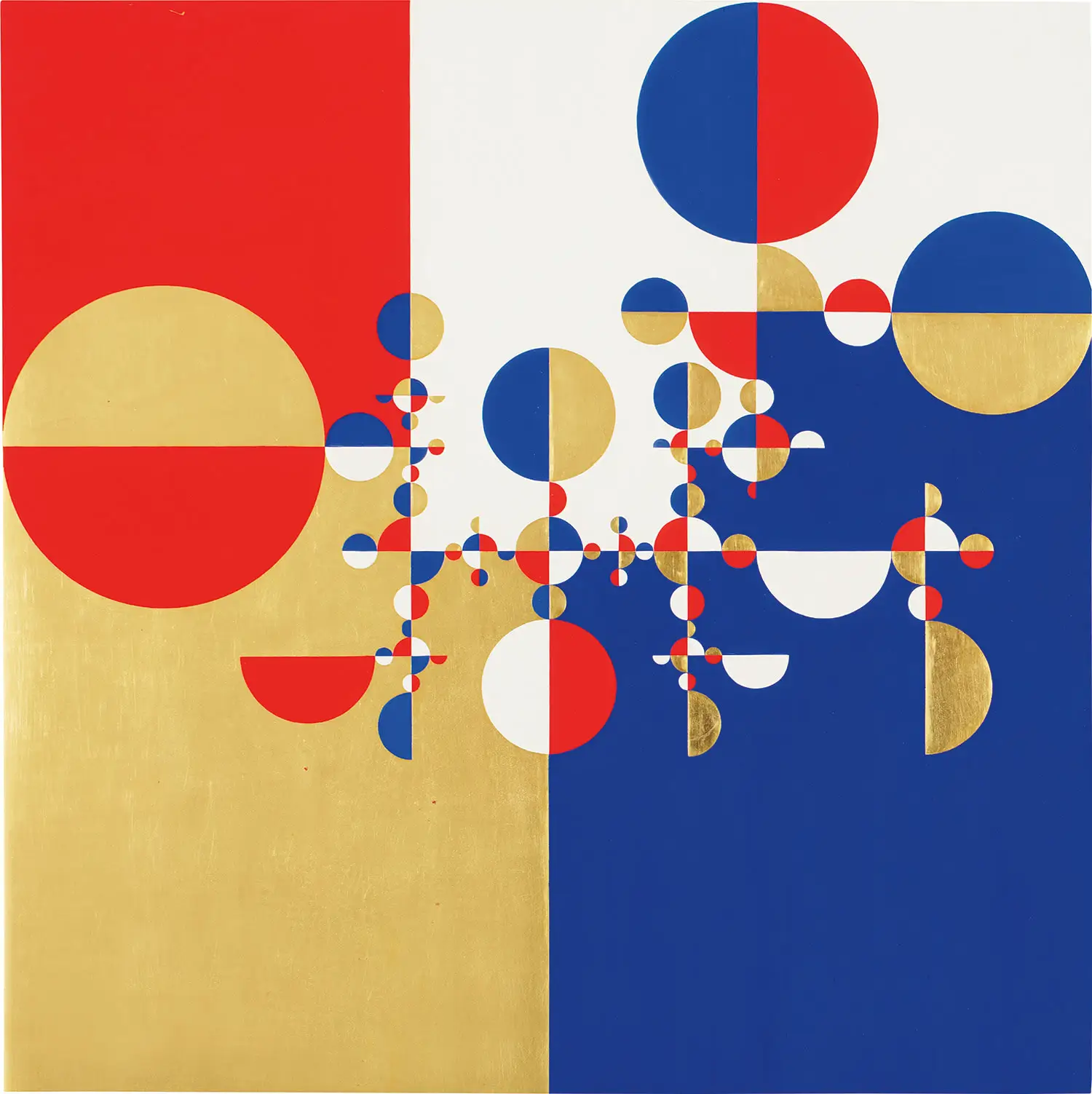 Gabriel Orozco’s Samurai Tree 20W featuring a vertically split red and blue background with layered geometric circles in white and gold leaf, arranged in a precise yet evolving symmetrical system