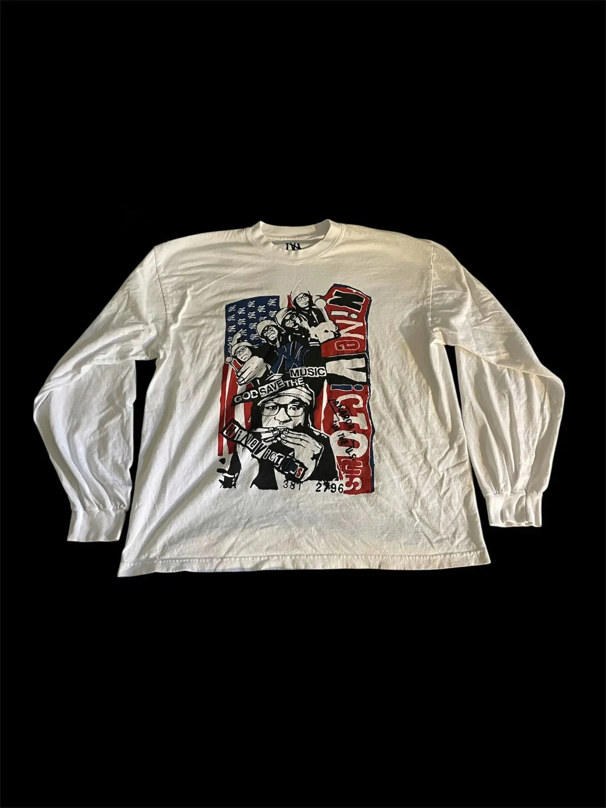 White long-sleeve shirt with graphic print referencing Vivienne Westwood and punk imagery