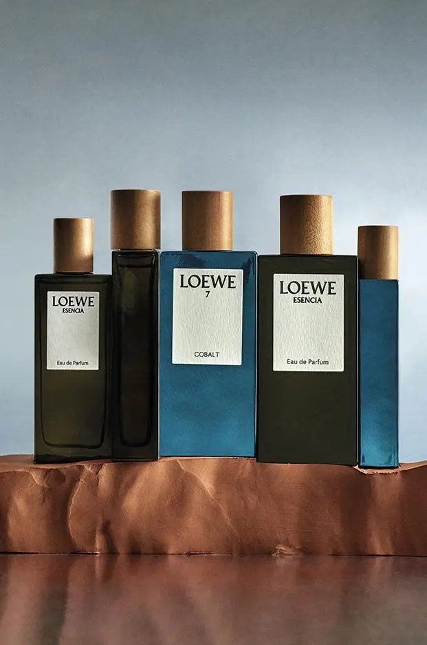Loewe Esencia and Loewe 7 Cobalt perfume bottles arranged in a sculptural lineup on a textured surface, featuring gradient glass tones and signature wooden caps against a minimal backdrop