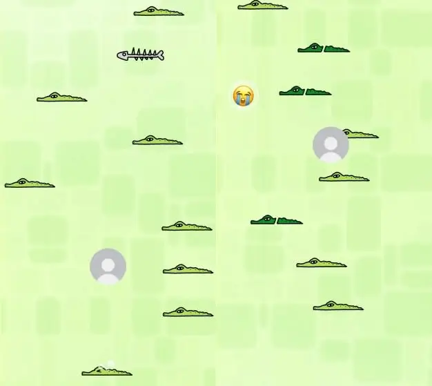 A simplified game screen set against a soft green background features multiple small, cartoon-style alligators scattered across the display, each rendered in minimal line detail. Floating profile icons and a crying emoji appear among the characters, suggesting interaction within a messaging environment. The composition conveys a playful, tap-based mini game integrated into a chat interface, with repeating alligator motifs creating a light, rhythmic visual pattern