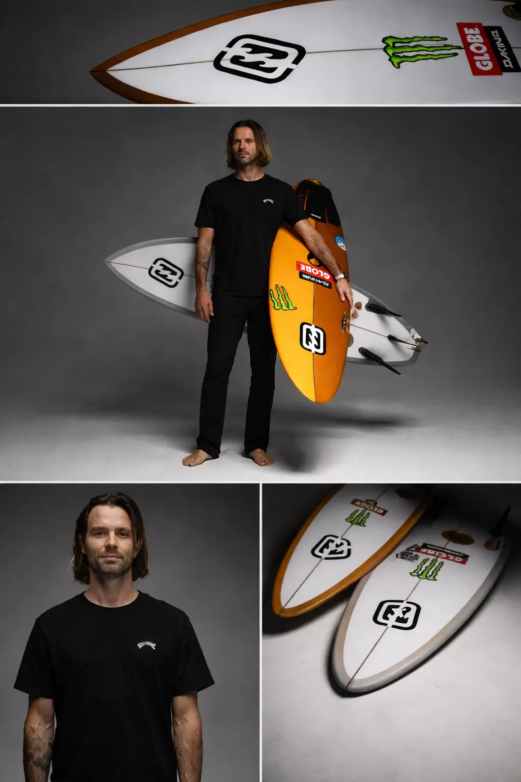 Barefoot surfer in black t-shirt and pants holding multiple branded surfboards in a studio setting, with a top strip showing a surfboard tip close-up, a central full-body portrait, and lower panels featuring a headshot and stacked board details with visible logos and fins