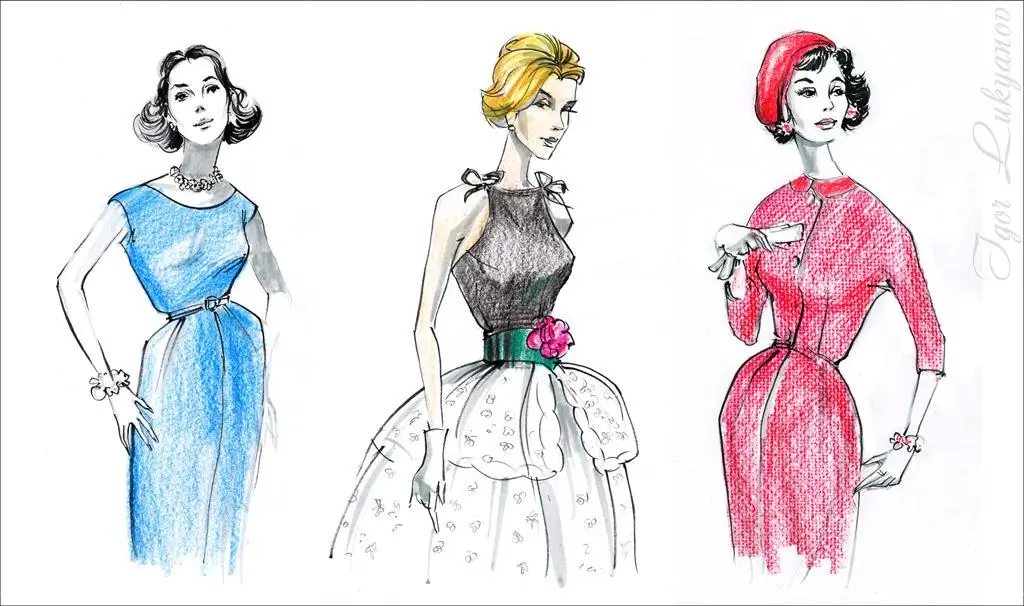 Fashion illustration featuring three stylized female figures in blue, black, and pink dresses, rendered with expressive linework and textured color detailing
