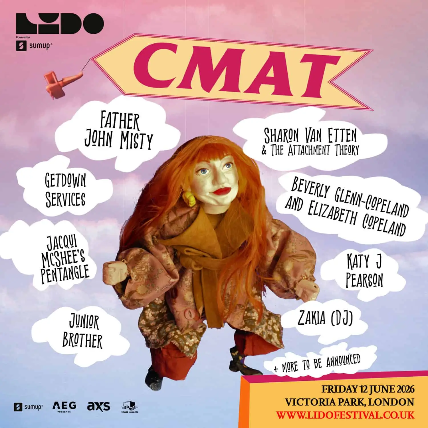 CMAT featured on Lido Festival 2026 poster, shown as a stylized puppet figure with bright red hair against a pastel sky backdrop, surrounded by lineup names including Father John Misty, Sharon Van Etten & The Attachment Theory, and Beverly Glenn-Copeland, with event details for Victoria Park, London on June 12