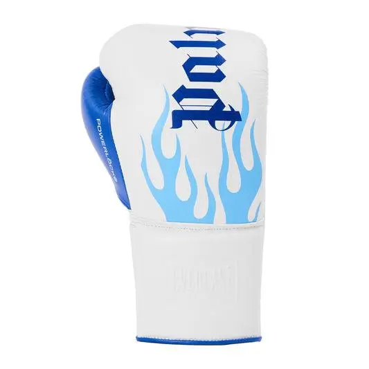 Everlast × Palm Angels boxing glove in white and blue with flame graphics, featuring gothic-style lettering and premium leather construction for fight performance