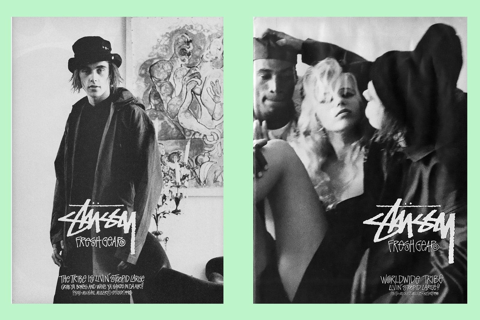 Vintage black-and-white Stüssy campaign images featuring models in streetwear with bold logo graphics, capturing early brand identity and underground street culture aesthetics