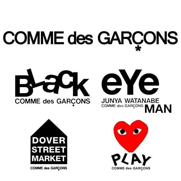 Graphic layout featuring Comme des Garçons sub-label logos including Black, Junya Watanabe MAN, Dover Street Market, and Play heart icon, highlighting the brand’s typography-driven identity system