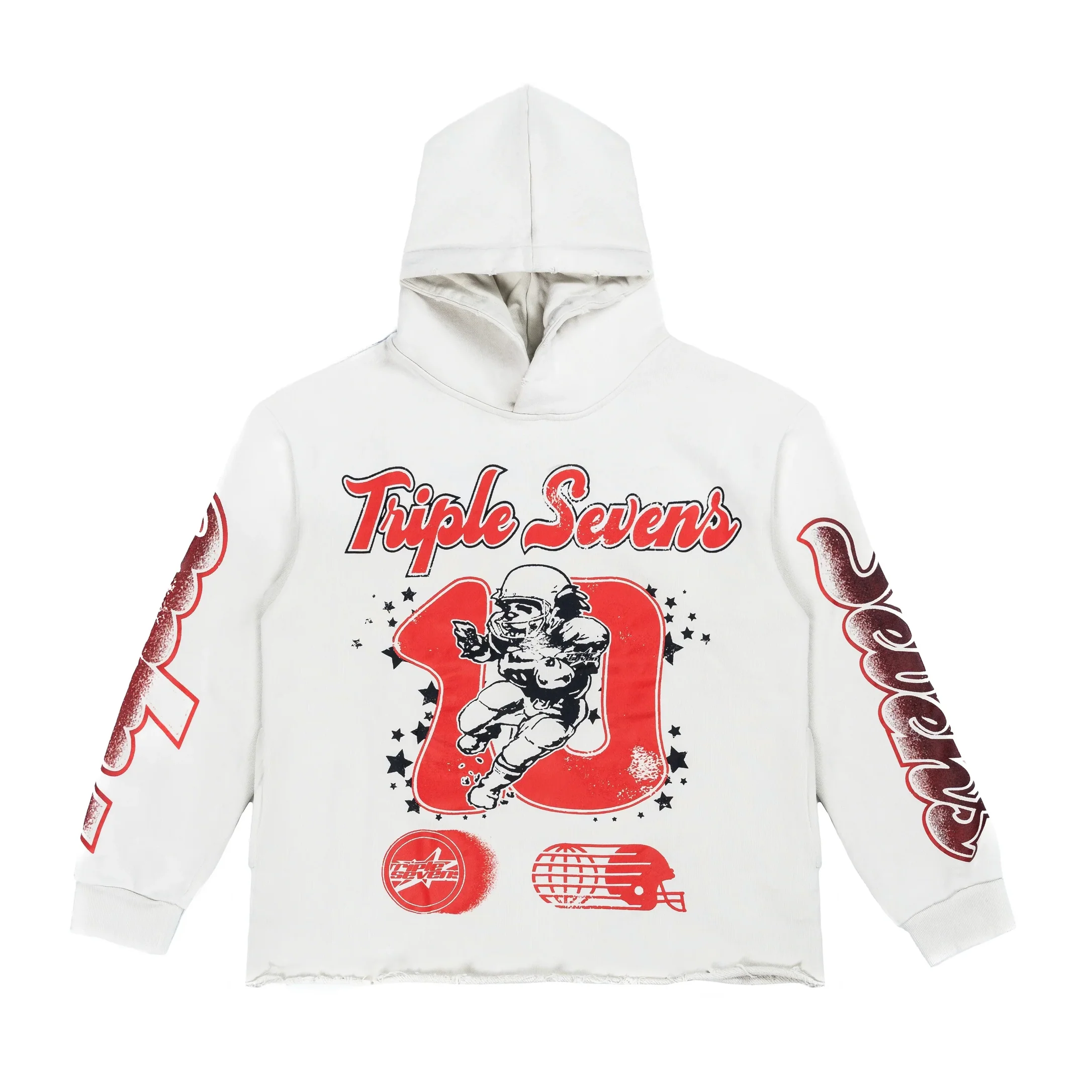 White Triple Sevens All Star Football hoodie with bold red graphic print featuring “Triple Sevens” script, running football player illustration over a large number, sleeve lettering, and cropped raw hem detail