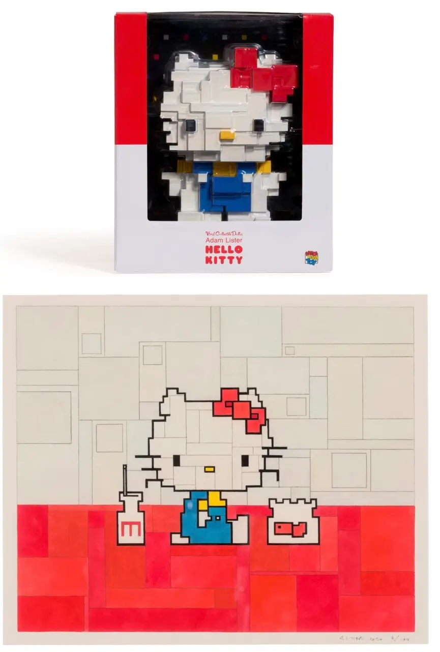 Adam Lister x Hello Kitty collectible figure by Medicom Toy, featuring a pixelated, block-style reinterpretation of Hello Kitty inside branded packaging with red side panels and a clear display window