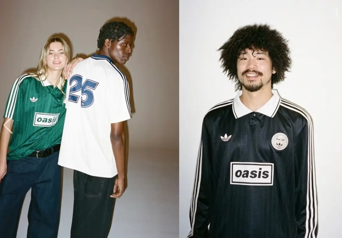 Models wearing adidas x Oasis jerseys in green, white, and black, featuring retro football silhouettes, “oasis” chest branding, Three Stripes sleeves, and a bold “25” graphic on the back, styled in a studio setting with relaxed denim