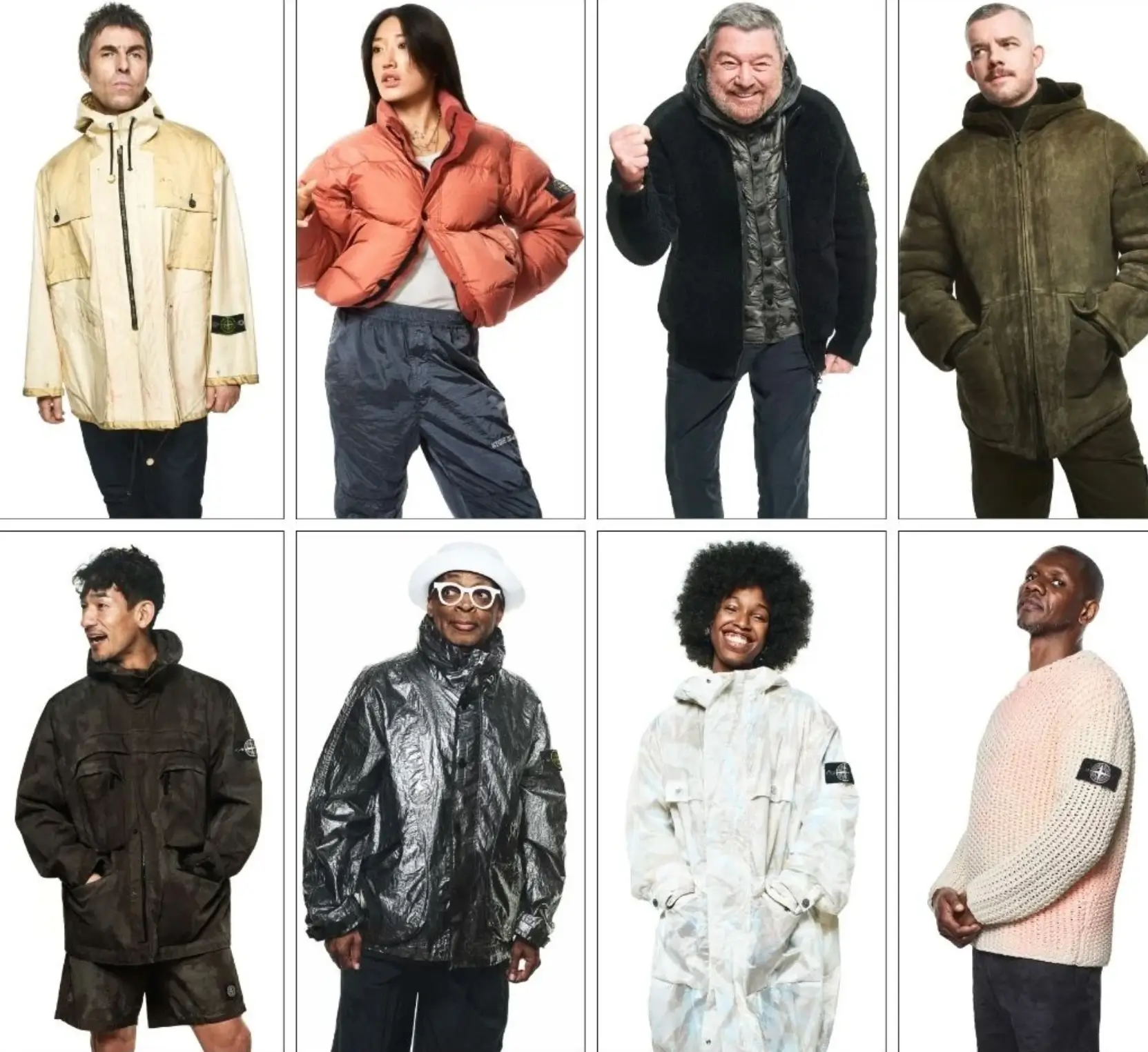 Grid of eight diverse artists wearing Stone Island outerwear, including technical jackets, puffers, and coated parkas in neutral and muted tones, photographed against a clean white studio background