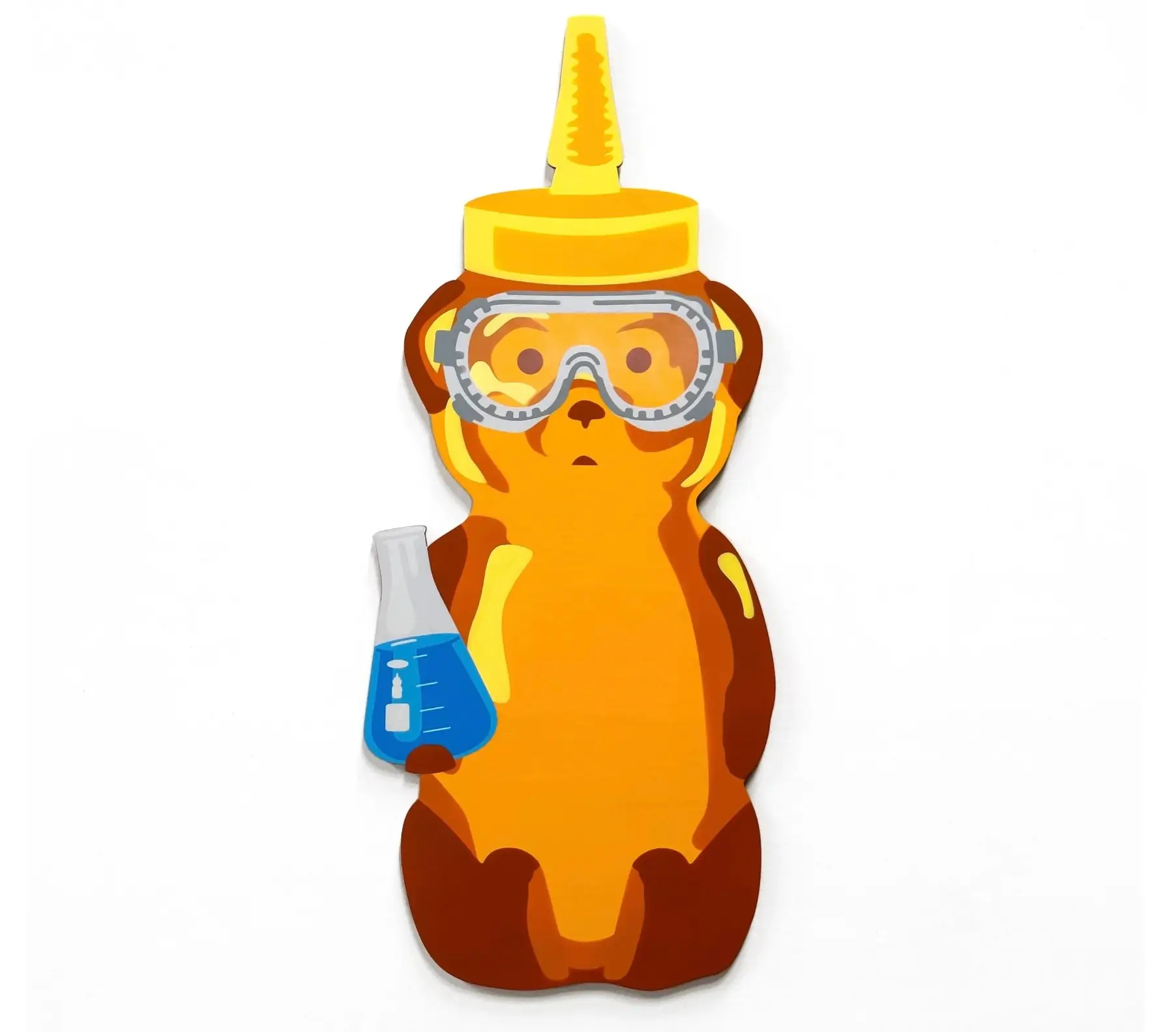 A stylized illustration of a bear standing upright, rendered in warm amber and orange tones like honey. The bear wears protective lab goggles and a squeeze-bottle cap on its head, holding a flask filled with bright blue liquid, blending playful cartoon design with a science experiment motif