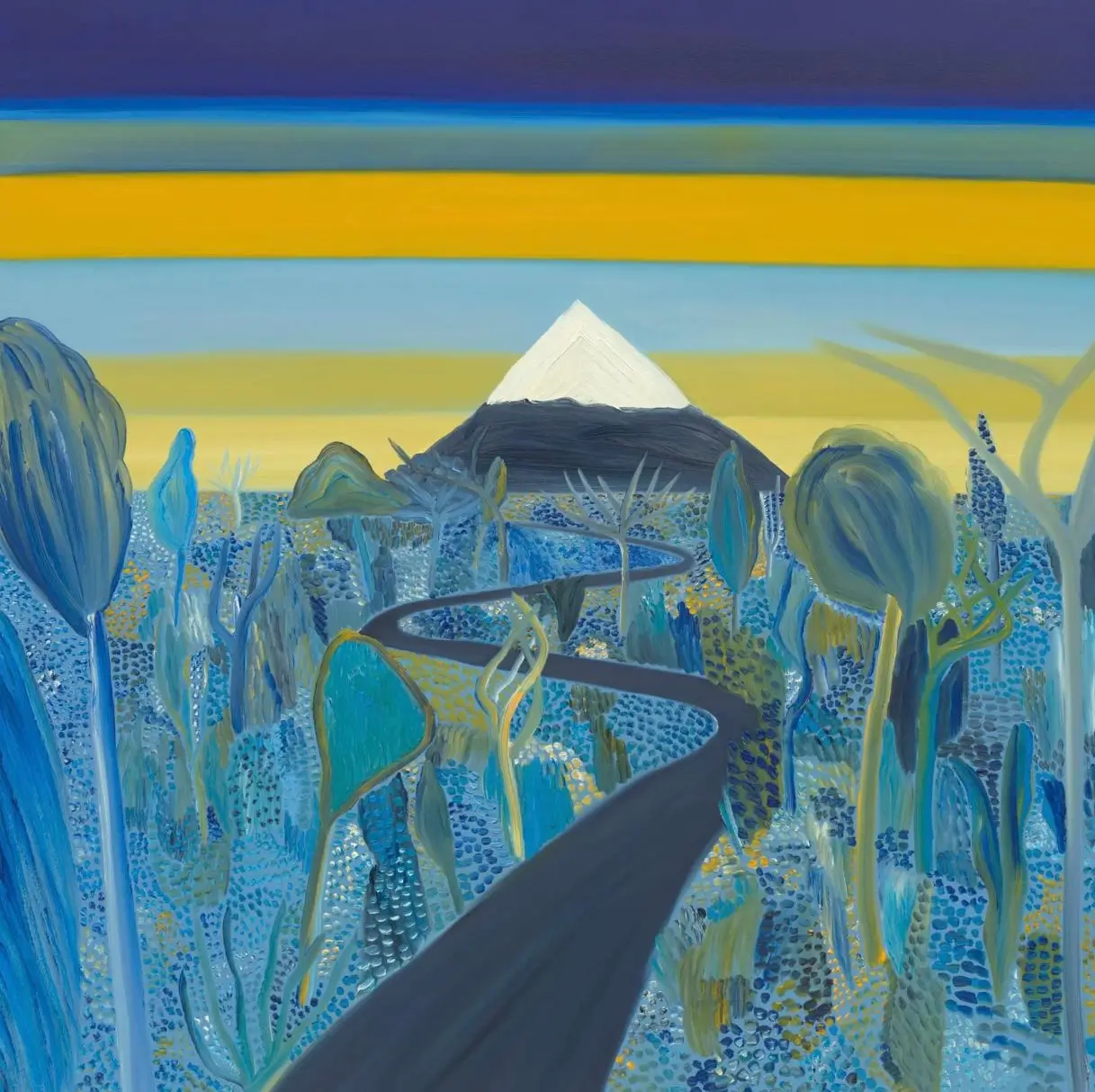 Matthew Wong Unknown Pleasures (2019), oil on canvas depicting a winding dark path through a dense, stylized blue-toned landscape with abstract trees and plant forms, leading toward a triangular mountain beneath layered bands of yellow, blue, and violet sky