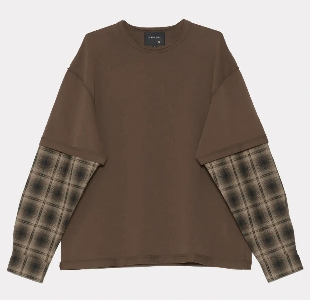 Brown oversized short-sleeve t-shirt with integrated plaid check long sleeves, featuring a layered streetwear design by Beach Brain