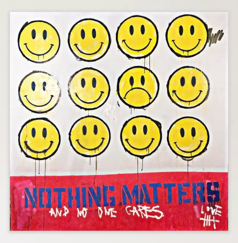 Explore Eddie Love’s Nick’s Joke Tattoo Painting, where repeated smiley faces and the phrase “Nothing Matters” collide in a raw acrylic composition rooted in tattoo and graffiti aesthetics
