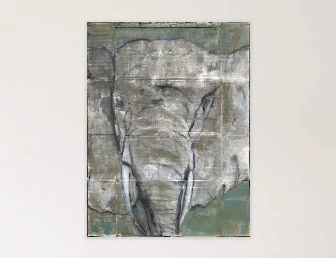 Front-facing elephant portrait painted in muted gray and green tones, with visible grid-like panel seams and textured acrylic surface, conveying weight and quiet intensity
