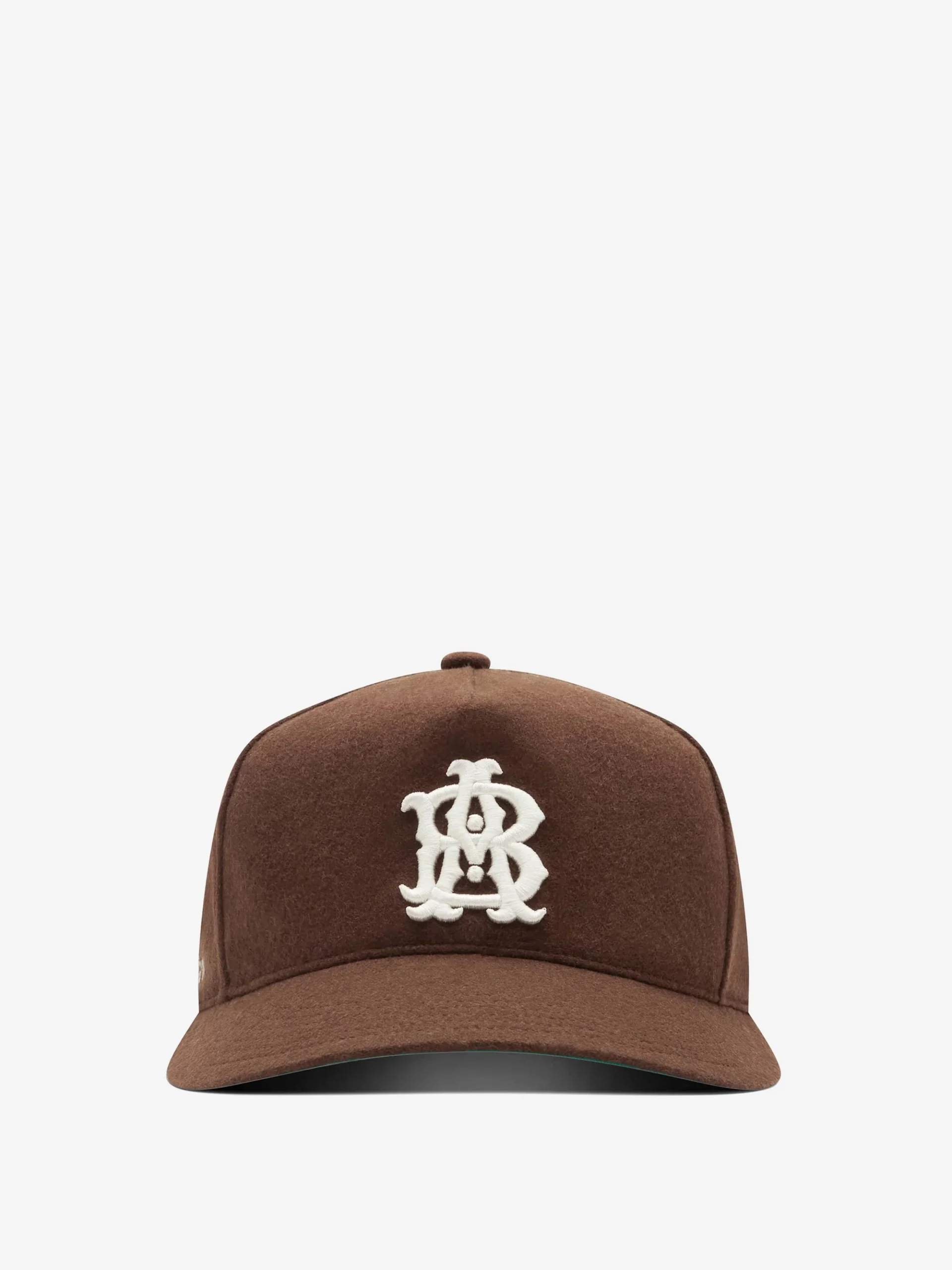 Front-facing view of the about:blank Monogram Cap in deep brown wool-blend fabric, featuring a structured crown, curved brim, and raised ecru embroidered monogram on a clean studio background
