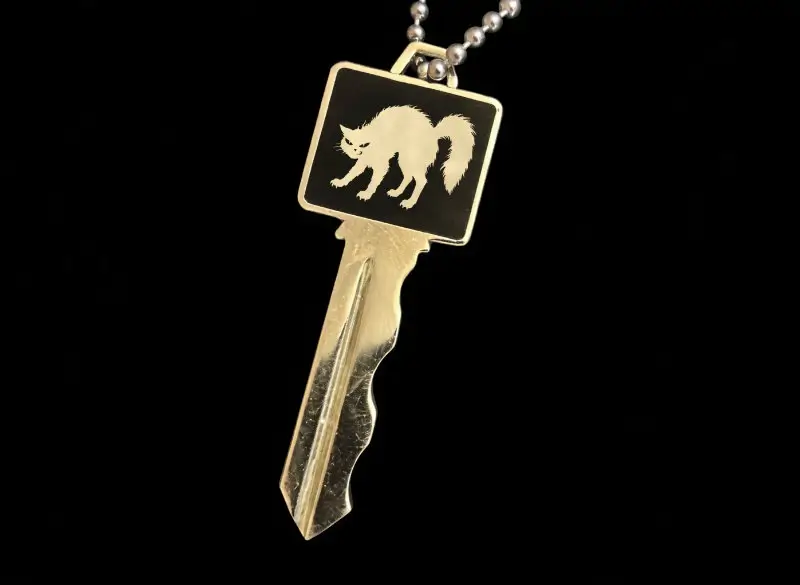 Gold key pendant necklace with a black square tag featuring a stylized cat emblem, suspended on a silver chain against a dark background, associated with Nocturna Ibiza branding