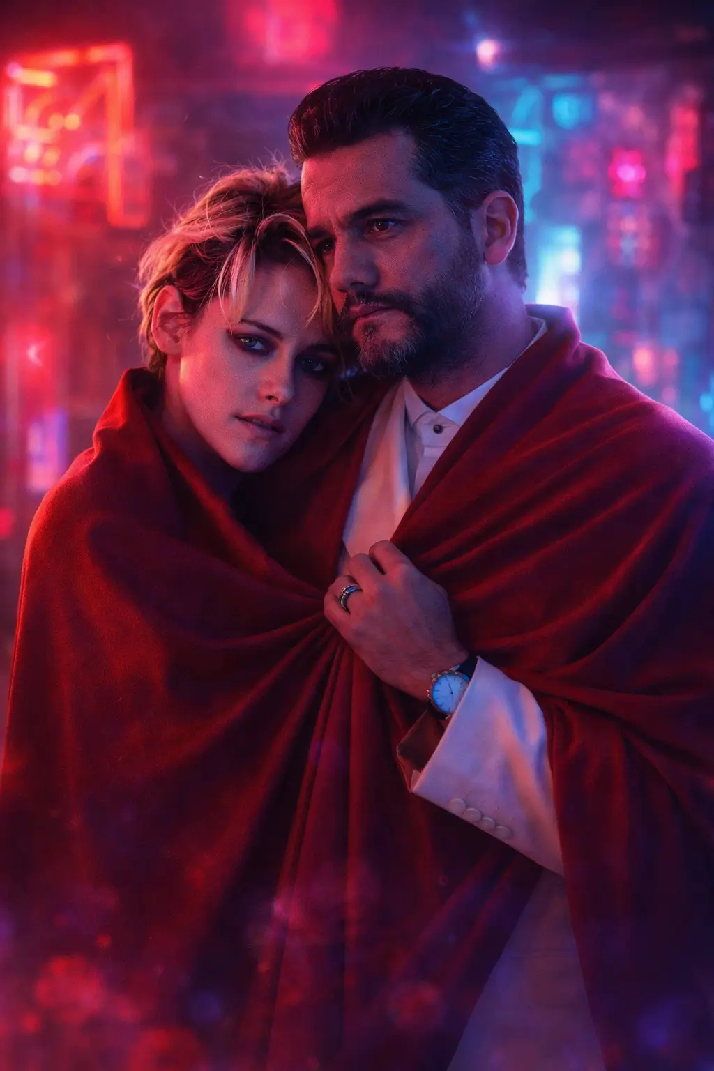 Kristen Stewart and Wagner Moura stand closely together under neon red and blue lighting, wrapped in a deep crimson cape, their expressions intimate and subdued against a blurred nightlife backdrop