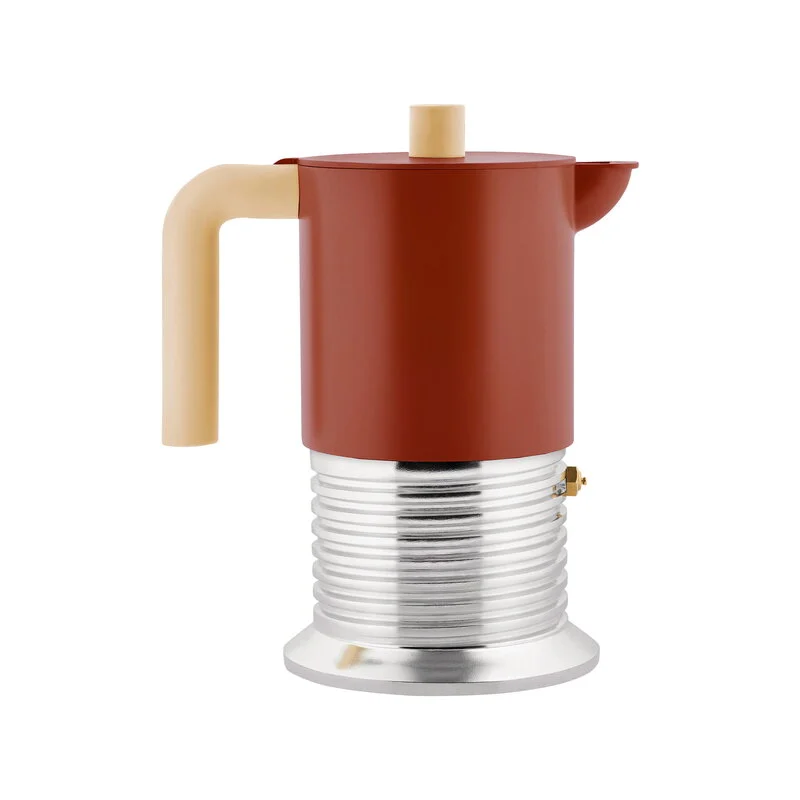 Alessi Vite espresso maker by Philippe Malouin with matte red upper body, cream handle and knob, and ribbed polished aluminum base on a clean white background