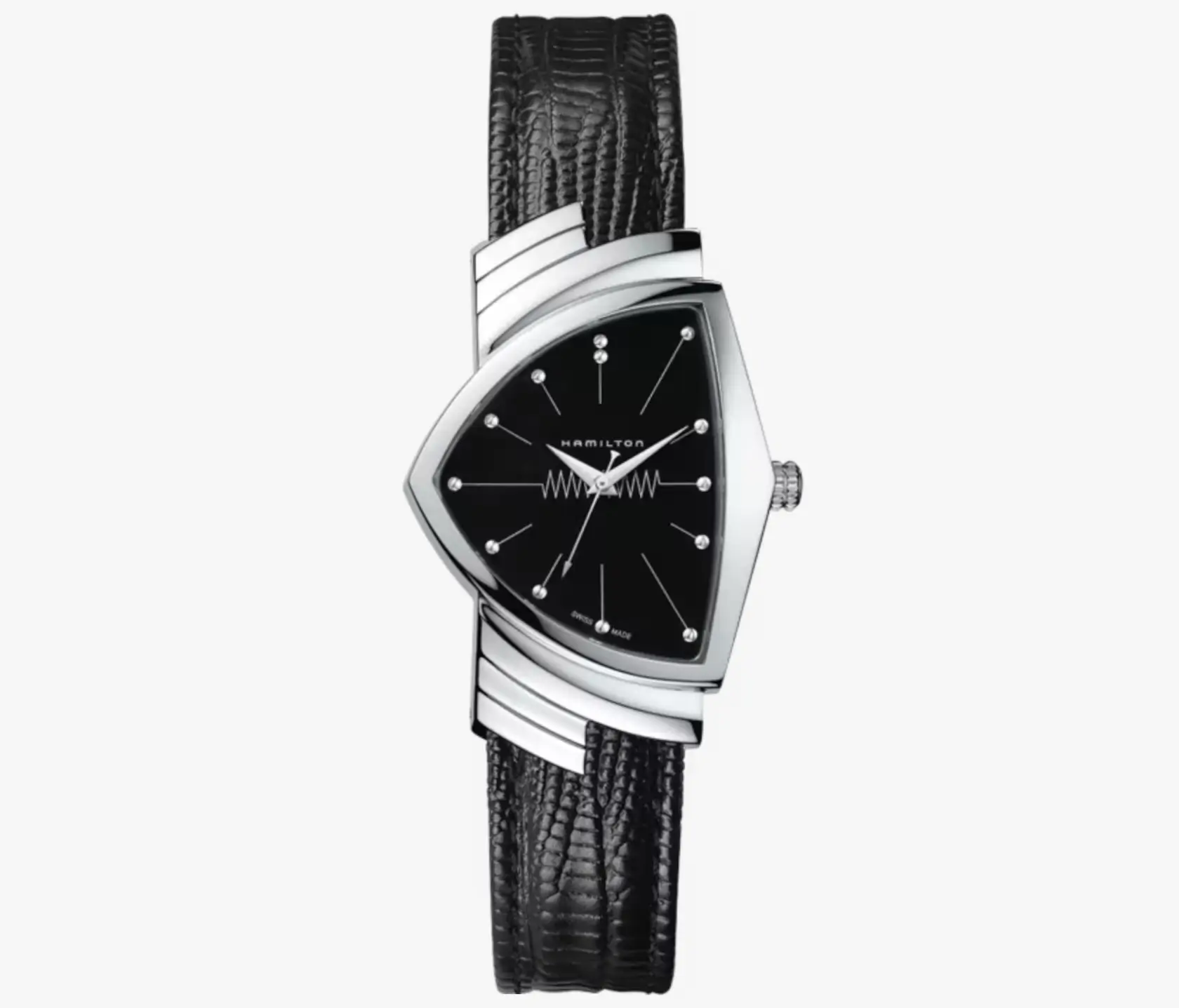 Hamilton Ventura Quartz H24411732 with black dial and signature asymmetrical triangular stainless steel case, featuring silver-tone hands, minimalist dot indices, and a textured black leather strap against a clean studio background