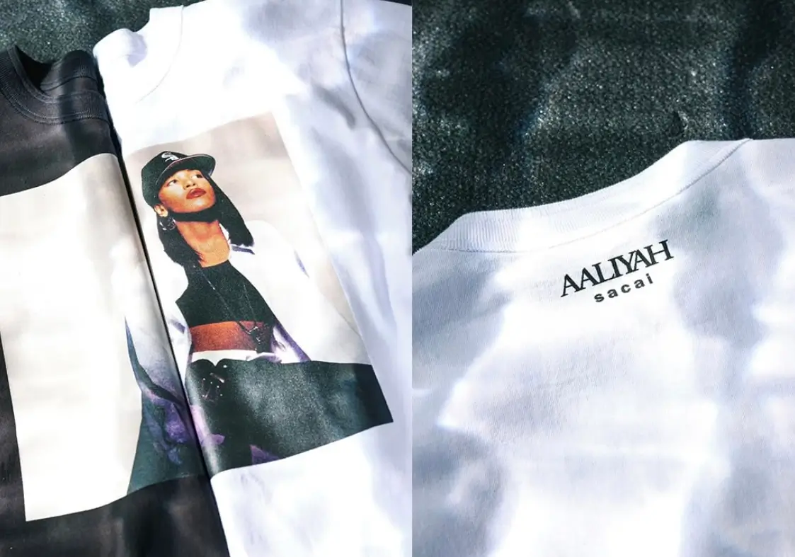 Black and white sacai T-shirts featuring Aaliyah portrait graphics, alongside a close-up of the “AALIYAH sacai” logo printed at the neckline, captured in soft, dappled lighting