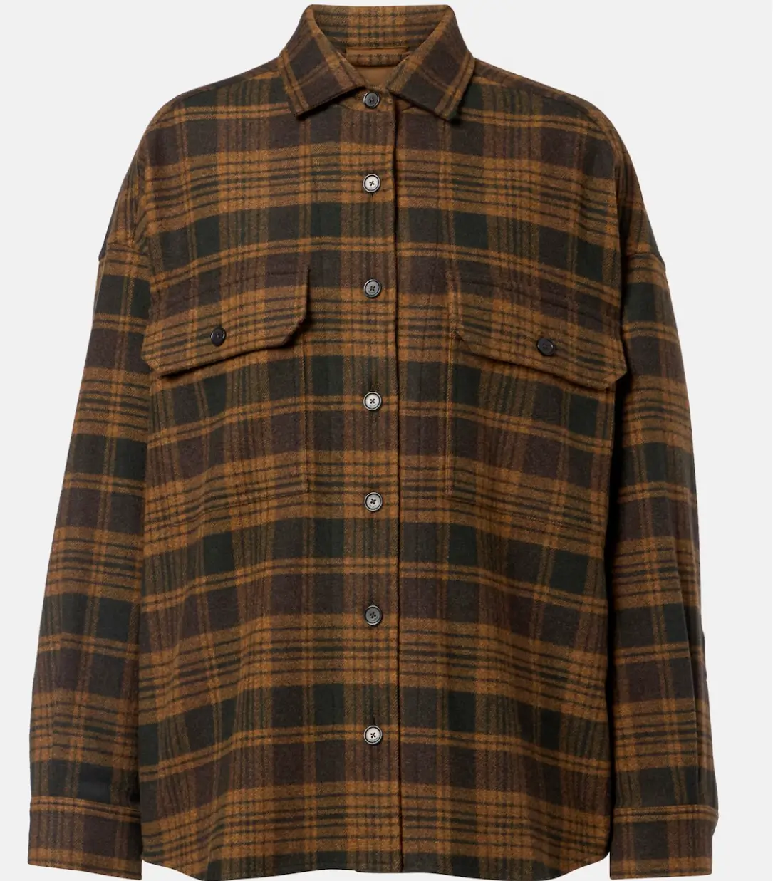 Front view of a longline brown and black plaid wool-cashmere overshirt with button-down closure, dual chest flap pockets, and a relaxed oversized silhouette, highlighting a refined haute flannel texture and structured collar