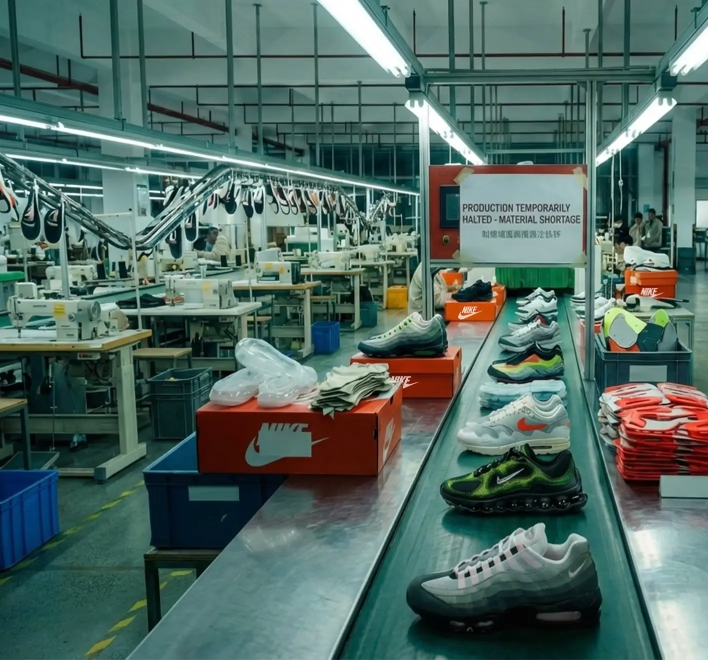 Nike sneaker factory interior showing Air Max models lined on a conveyor belt with visible air units and boxed pairs, while a sign in the background indicates production temporarily halted due to material shortage