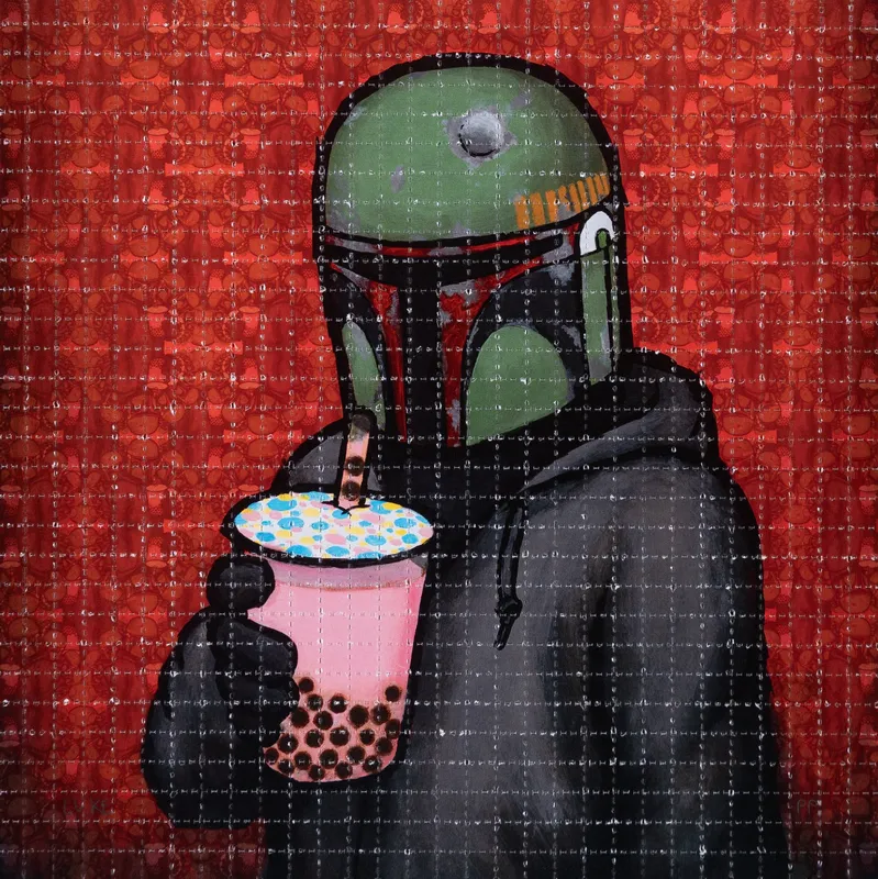 Luke Chueh artwork depicting a Boba Fett-inspired character holding bubble tea, rendered on perforated blotter paper with a red textured background