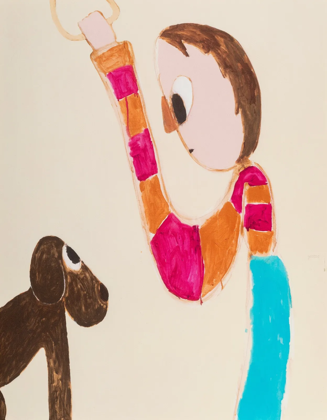 Childlike figurative painting showing a simplified human figure in a pink and orange striped top raising one arm, standing beside a dark brown dog, rendered in loose, expressive brushstrokes on a light background