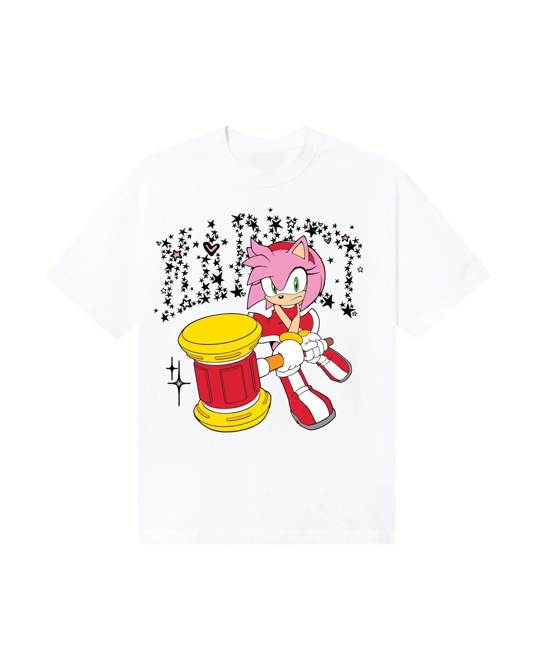 White T-shirt featuring Amy Rose holding a large red and yellow hammer, surrounded by black star graphics and stylized lettering above, in a play cartoon design