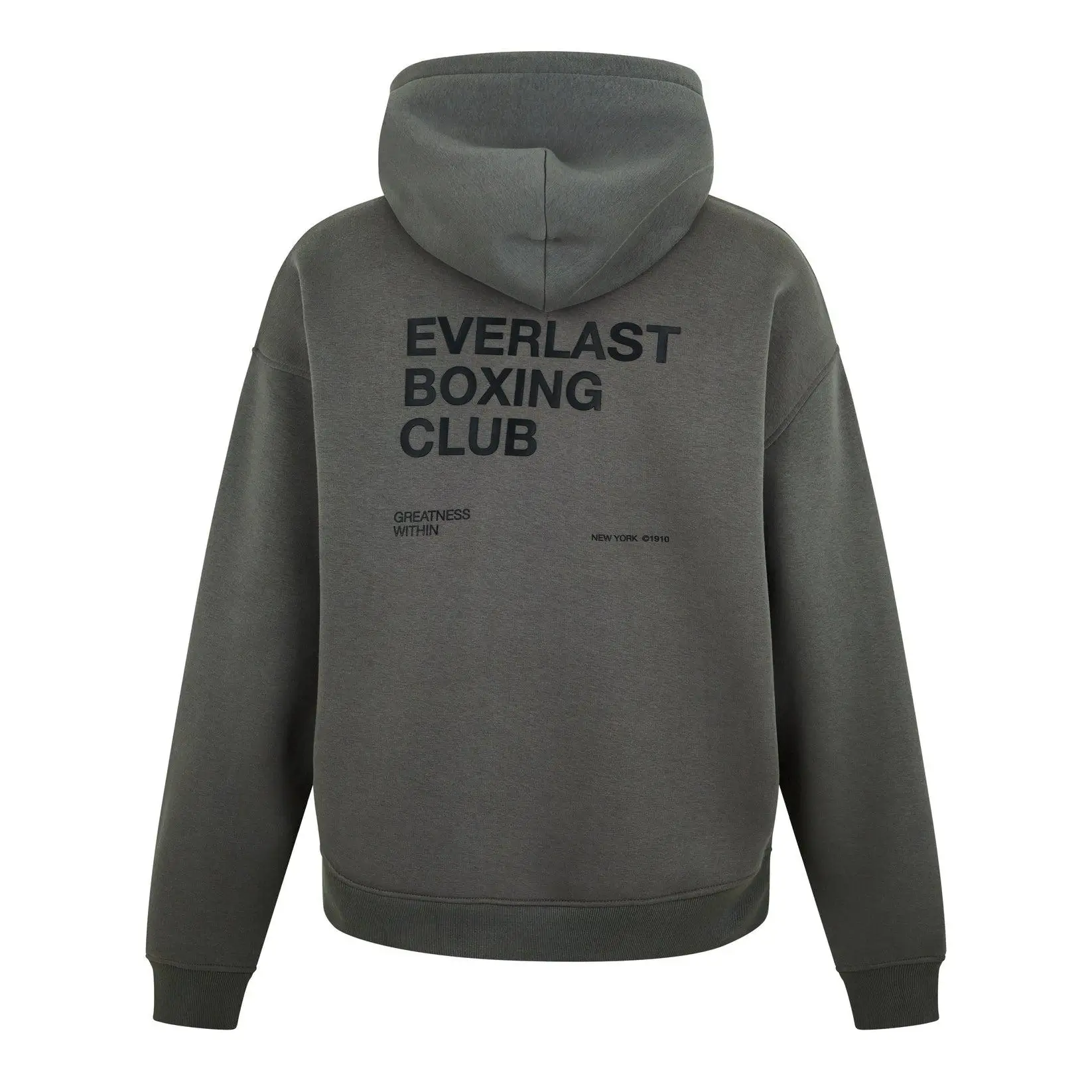 Dark grey Everlast Boxing Club hoodie with bold back graphic text, featuring “Everlast Boxing Club,” “Greatness Within,” and “New York ©1910” printed on a relaxed-fit pullover silhouette