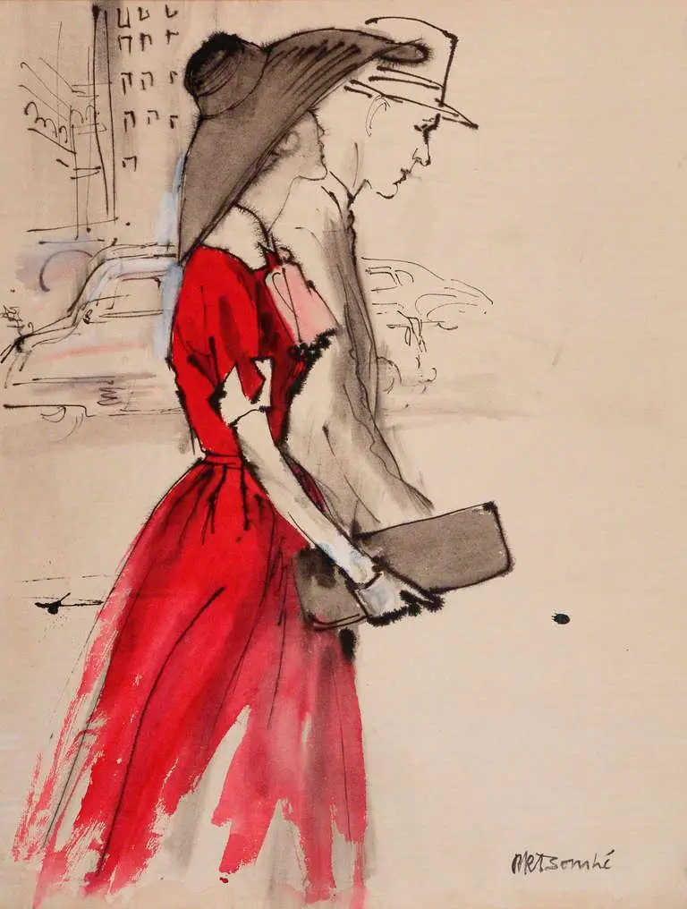 René Bouché fashion illustration of a woman in a vivid red dress and wide-brim hat, rendered with expressive ink lines and soft watercolor accents
