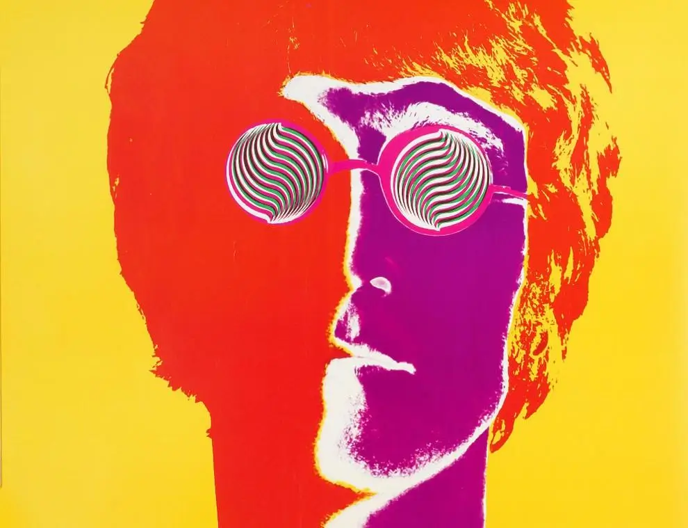 Psychedelic pop-art portrait of John Lennon in vivid red, purple, and yellow tones, wearing round glasses with swirling patterns, evoking the visual style of the Sgt. Pepper era