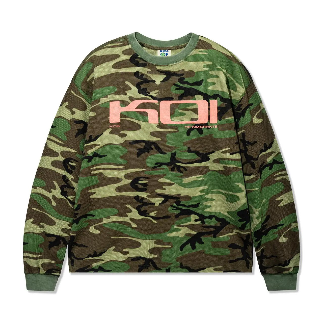 Kids of Immigrants KOI Fatigue thermal long sleeve in woodland camo featuring a relaxed fit, slightly cropped silhouette, and large pink KOI logo screen printed across the front with ribbed cuffs and collar