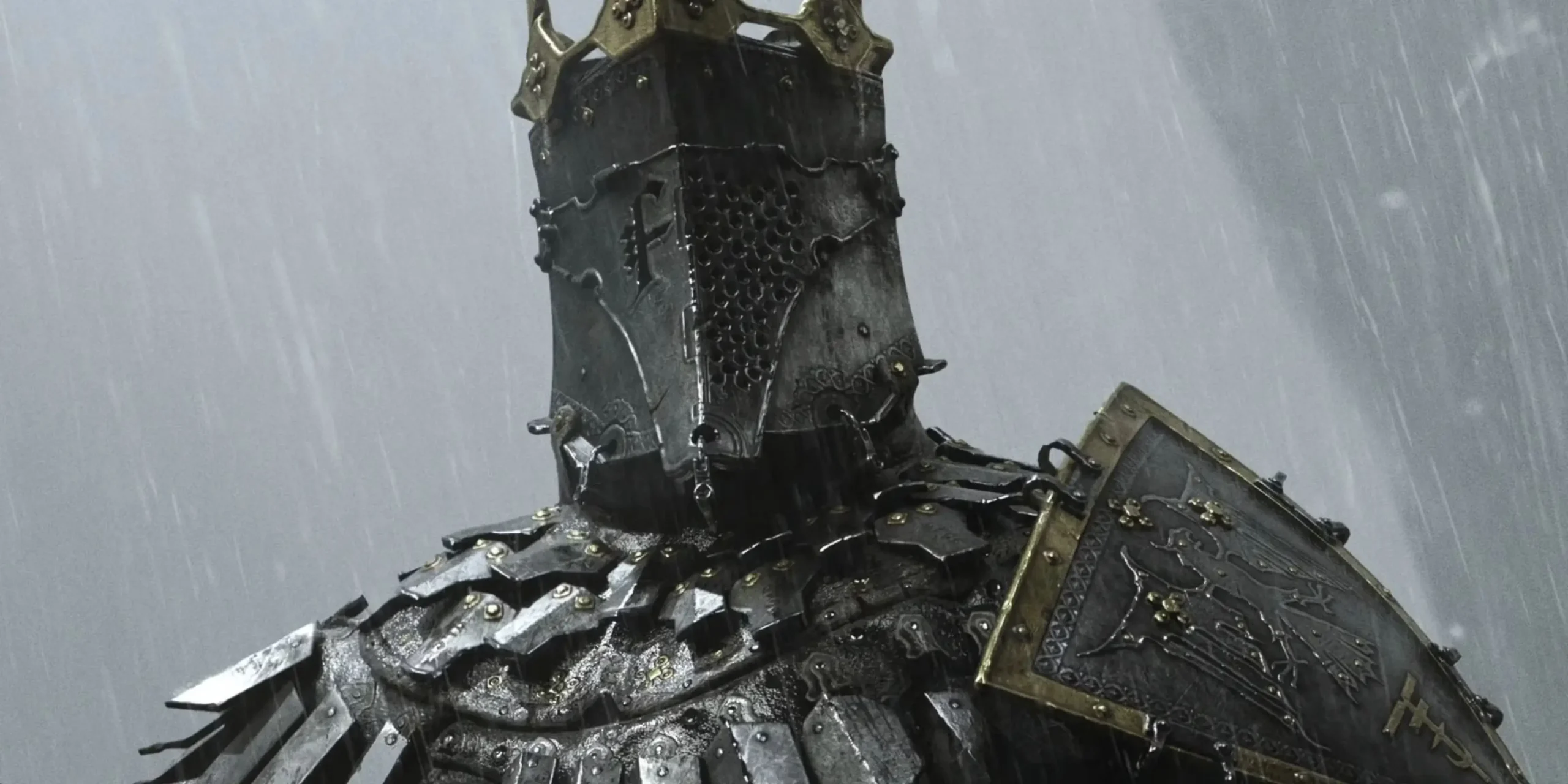 Armored knight in rain wearing a corroded medieval helmet and layered plate armor, holding a weathered shield in Mortal Shell II gameplay