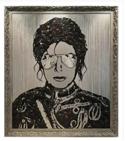 Framed mixed-media portrait of Michael Jackson by Mr. Brainwash, constructed from fragmented black vinyl record pieces forming his hair and clothing, with reflective sunglasses and a textured drip-style background
