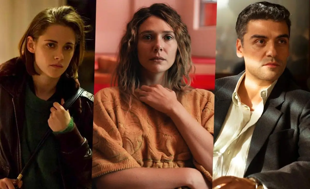 Three-panel collage featuring Kristen Stewart on the left, Elizabeth Olsen in the center, and Oscar Isaac on the right, each shown in cinematic portraits with moody lighting and serious expressions